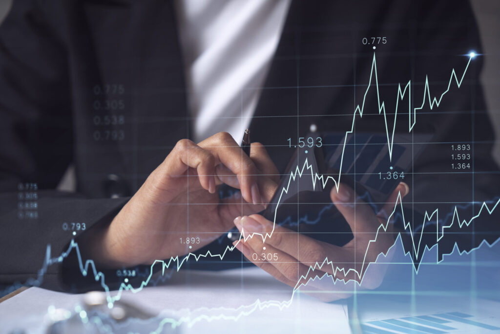 woman financial trader formal wear is checking phone sign contract invest money stock market internet trading wealth management concept forex hologram chart scaled